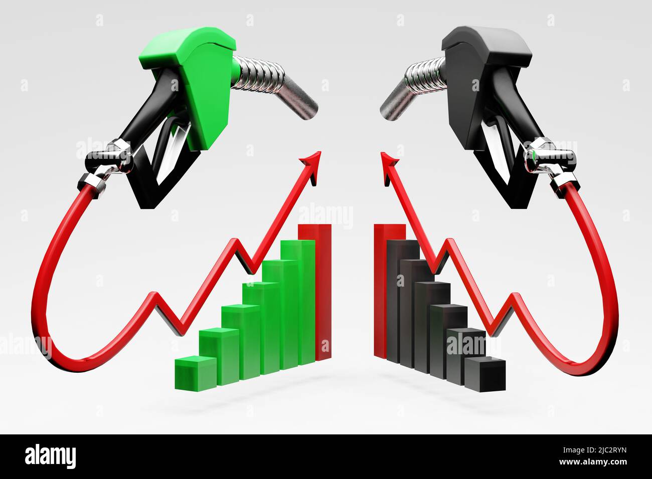 Carburante benzina il prezzo aumenta su senza piombo e diesel. Ugello del gas, illustrazione 3D Foto Stock