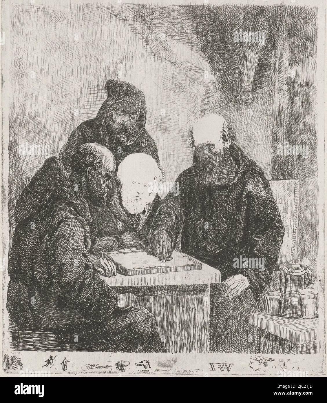 Quattro monaci a scacchiera. Mentre due monaci giocano un gioco di dama, gli altri due guardano. Sul tavolo accanto ai monaci ci sono una brocca e due bicchieri. I margini comprendono due teste di cane, due figure, e la testa di un uomo., Dammering Monks, tipografo: Willem Pieter Hoevenaar, tipografo: David van der Kellen (1804-1879), (rifiuto di attribuzione), 1814 - 1879, carta, incisione, drypoint, a 191 mm x l 233 mm Foto Stock