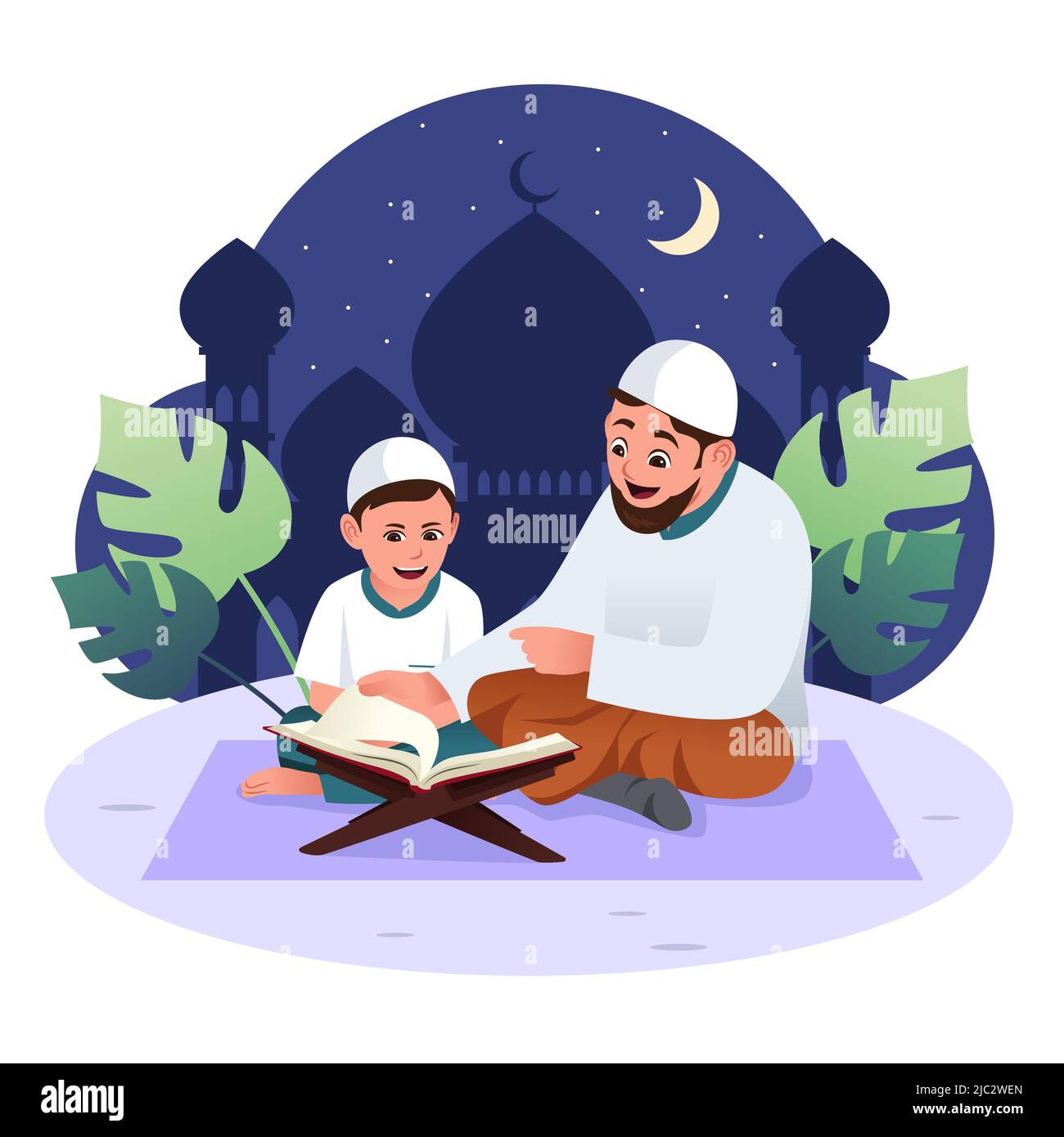 Un'illustrazione vettoriale di Padre e Figlio musulmano che studia Quran Illustrazione Vettoriale