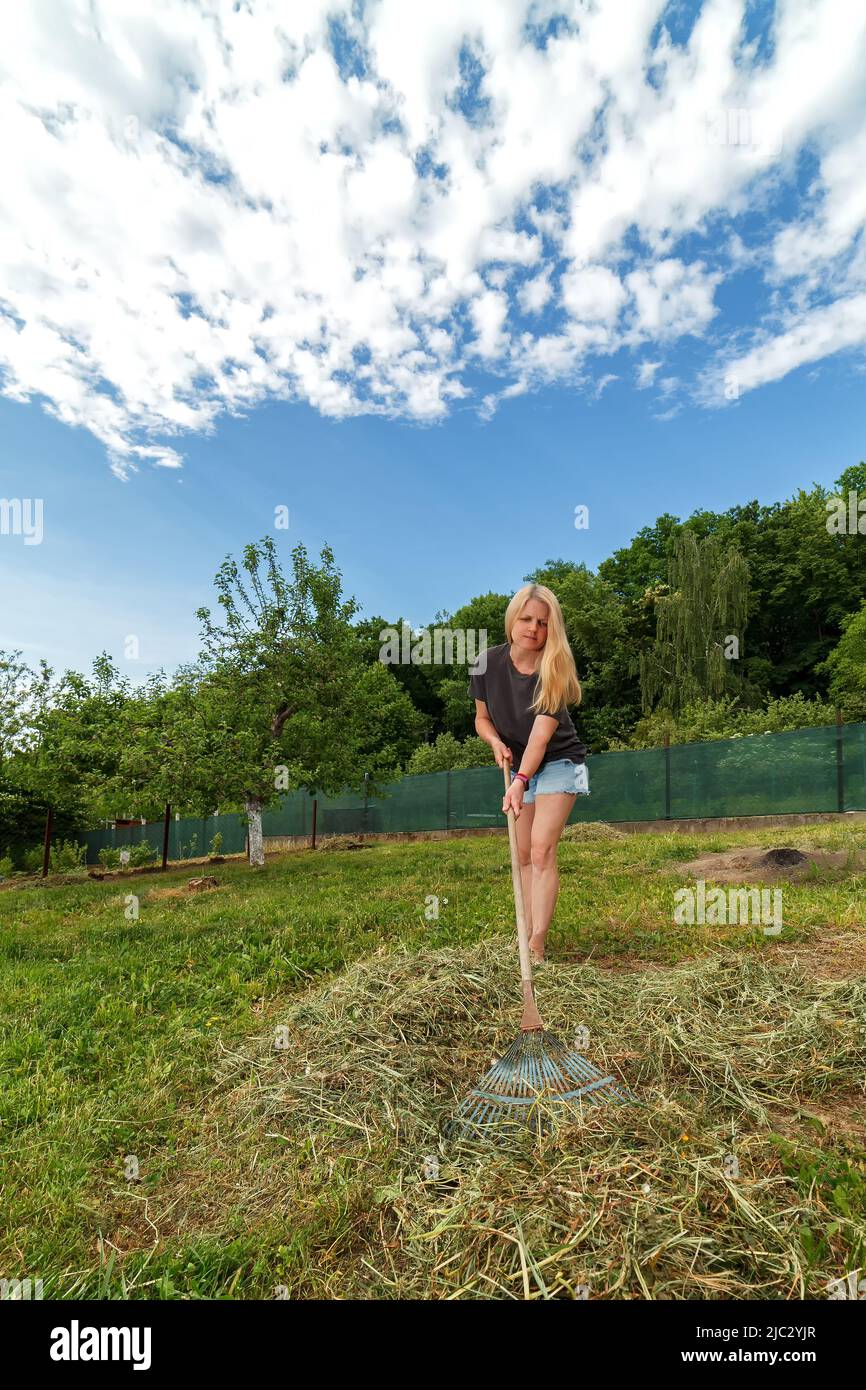 La ragazza raccoglie erba secca con rastrello da giardino Foto Stock