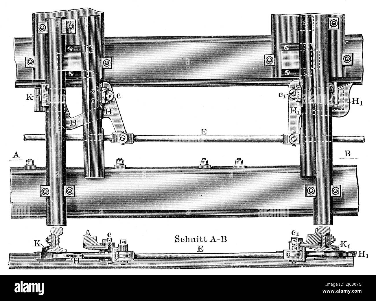 Apparecchiature ferroviarie - dispositivi di commutazione con blocco interruttore a gancio. Pubblicazione del libro 'Meyers Konversations-Lexikon', Volume 2, Lipsia, Germania, 1910 Foto Stock