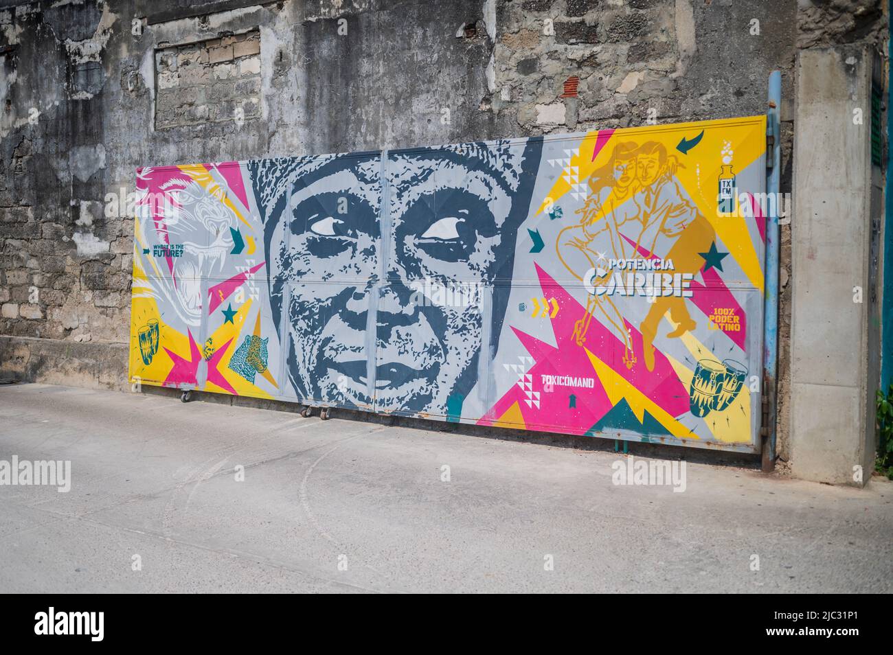 La graffite colorata arricchisce le pareti di Getsemani, il quartiere più cool di Cartagena de Indias, Colombia Foto Stock