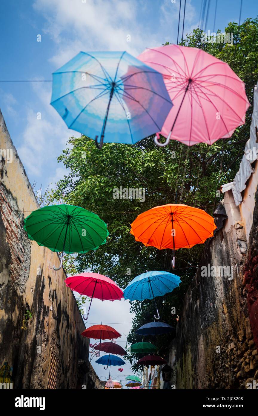 Popolare strada coperta di ombrello nel quartiere fresco di Getsemani, Cartagena de Indias, Colombia Foto Stock