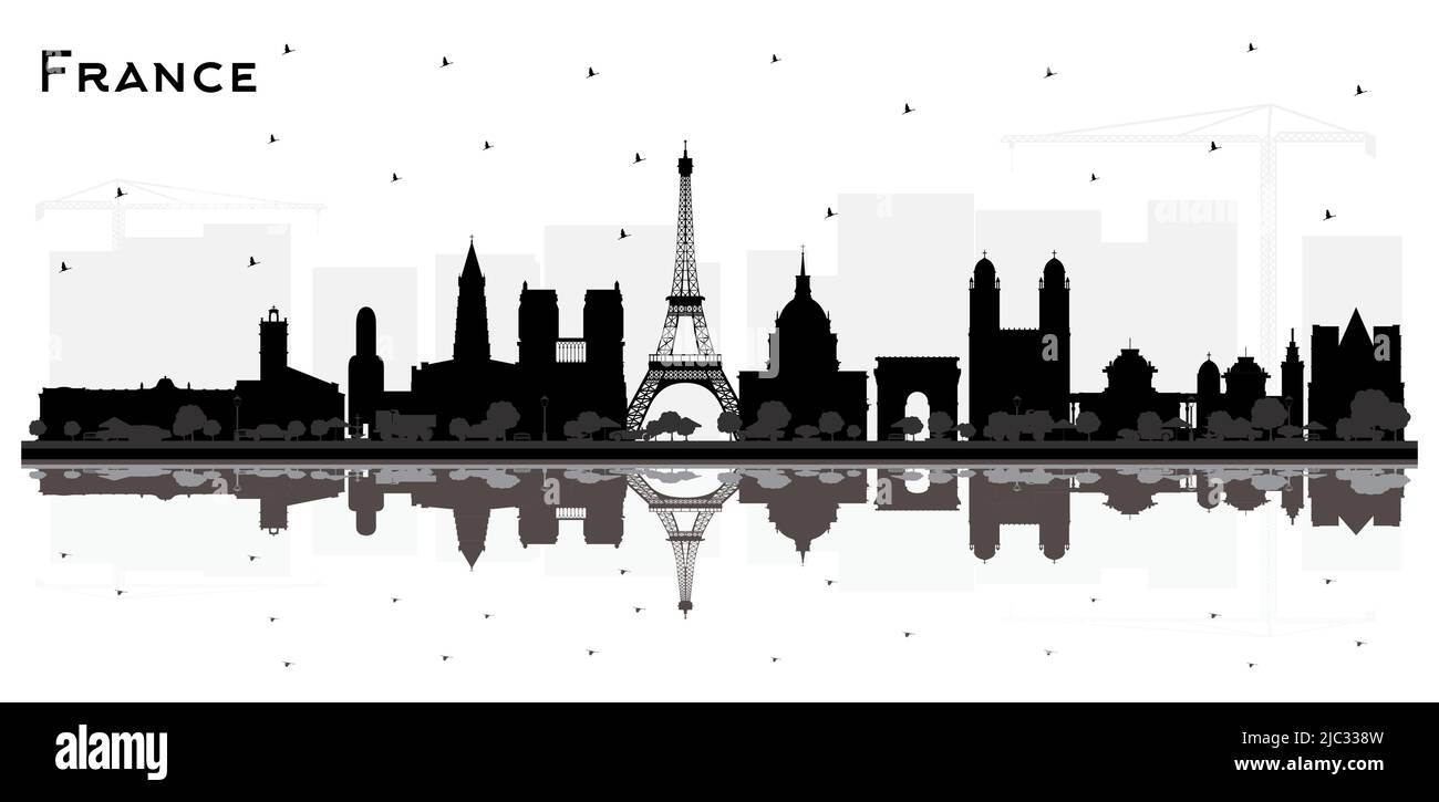 Francia Skyline Silhouette con edifici neri e riflessi isolati su bianco. Illustrazione vettoriale. Architettura storica. Paesaggio urbano della Francia. Illustrazione Vettoriale