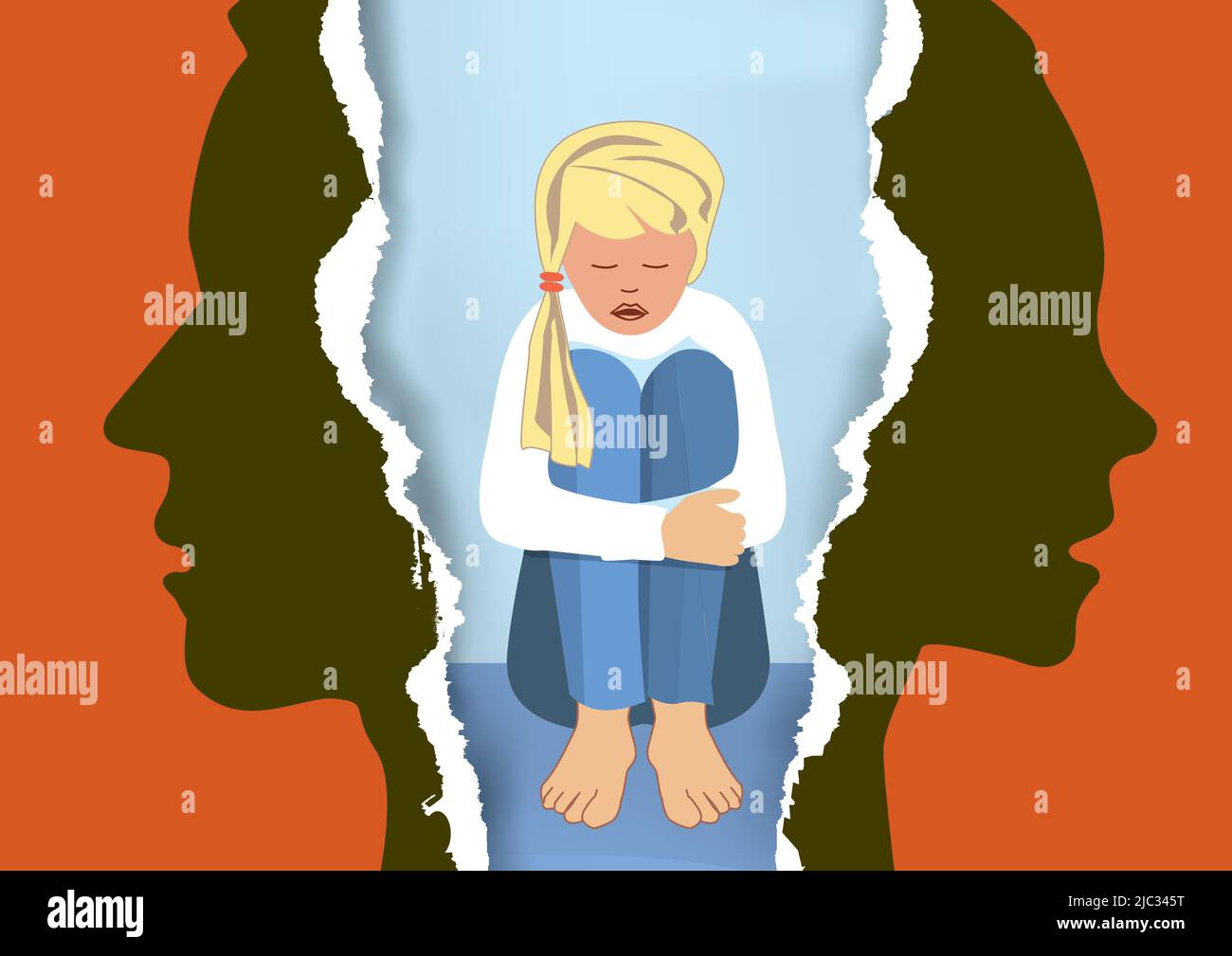 Genitori divorziati e ragazza triste. Carta strappata con uomo, donna stilizzata silhouette e bambino simboleggiando l'effetto del divorzio sul bambino. Illustrazione Vettoriale