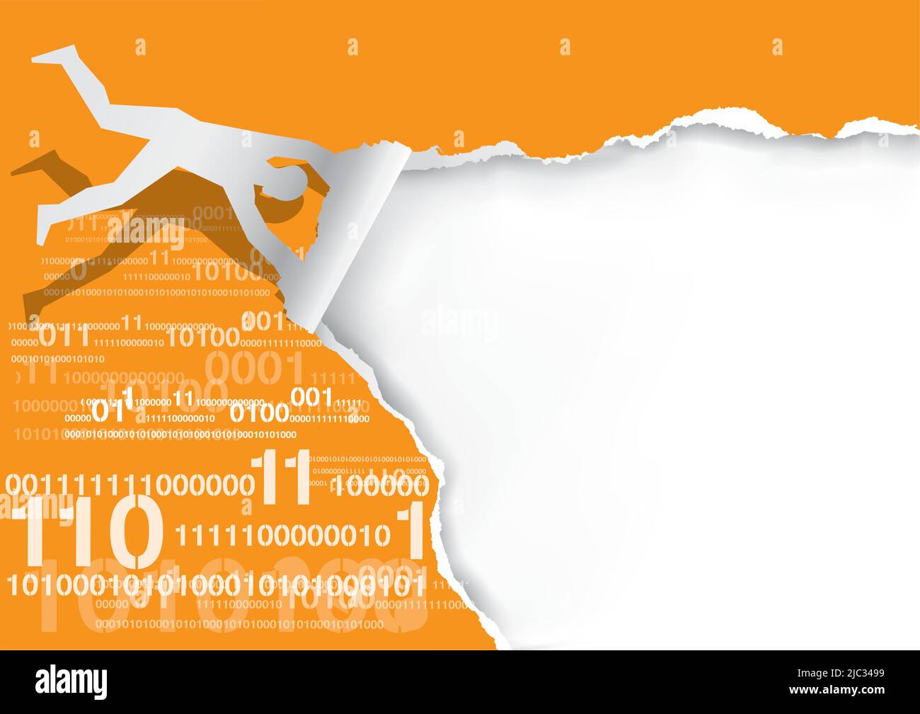 Carta da strappo Flying man, con codici binari silhouette di carta da uomo che strappa sfondo di carta arancione con codici binari e numeri digitali. Illustrazione Vettoriale