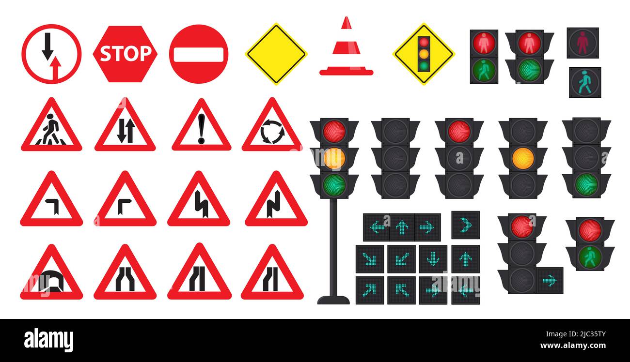 Concetto di traffico con semafori e segnaletica stradale. Illustrazione vettoriale EPS 10 Illustrazione Vettoriale