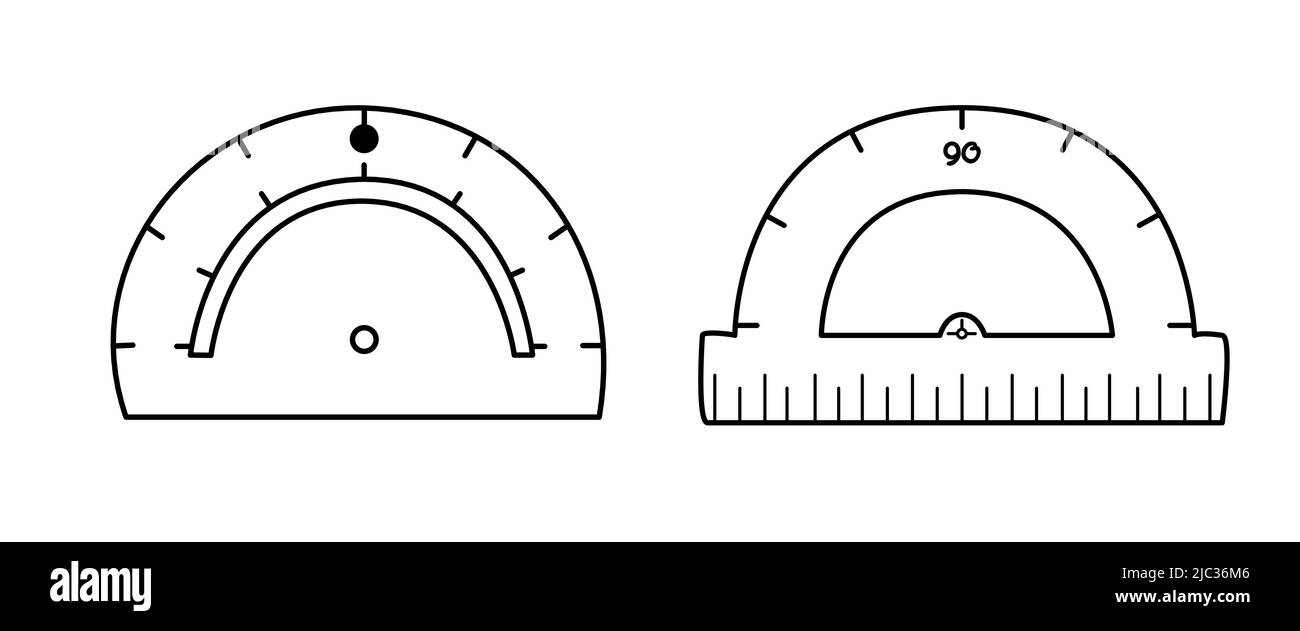 Set di due icone di goniometro per la misurazione dell'angolo. Strumenti vettoriali di ritorno a scuola. Linea di insegnamento delle competenze geometriche art. Illustrazione Vettoriale