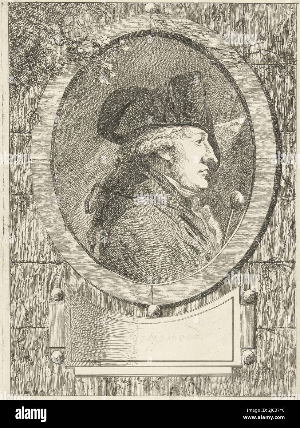 Ritratto busto e profilo del printmaker e disegnatore Geerlig Grijpmoed. È raffigurato in una cornice ovale con parrucca bianca e cuciture sulla testa, vicino ad un bastone e un cavalletto. Sotto la cornice un cartouche., Ritratto di Geerlig Grijpmoed, tipografo: Hermanus Fock, (firmato dall'artista), disegnatore intermedio: Hermanus Fock, Amsterdam, 1781 - 1822, carta, incisione, a 264 mm x l 192 mm Foto Stock