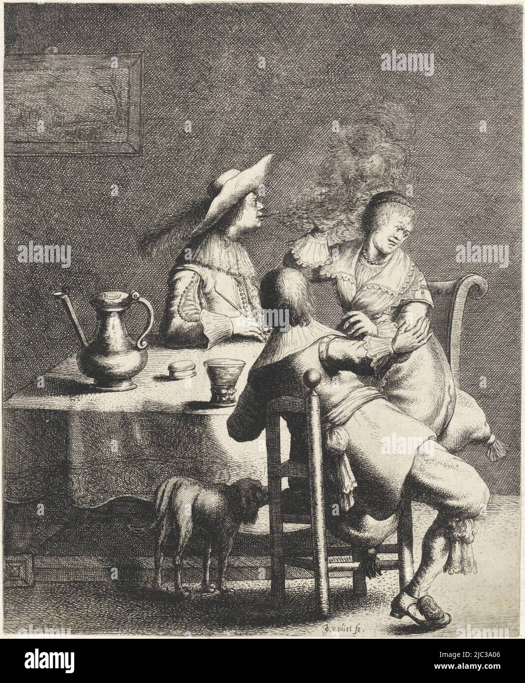 All'interno, due uomini e una donna si siedono attorno ad un tavolo. Uno degli uomini soffia fumo da un tubo verso la donna che sta tenendo la mano. In primo piano un cane. Sul tavolo una brocca di peltro, un rummer e una scatola di tabacco, Smoker soffia fumo verso una donna odore i cinque sensi (titolo della serie), creatore di stampa: Jan Gillisz. Van Vliet, (menzionato sull'oggetto), Leiden, 1634, carta, incisione, incisione, h 141 mm x l 198 mm Foto Stock