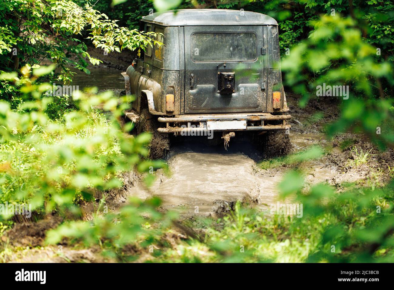 Vista posteriore del verde russo off-Road utility Vehicle UAZ Hunter andando su strada sporca nella foresta tra gli alberi in giorno di sole. Foto Stock