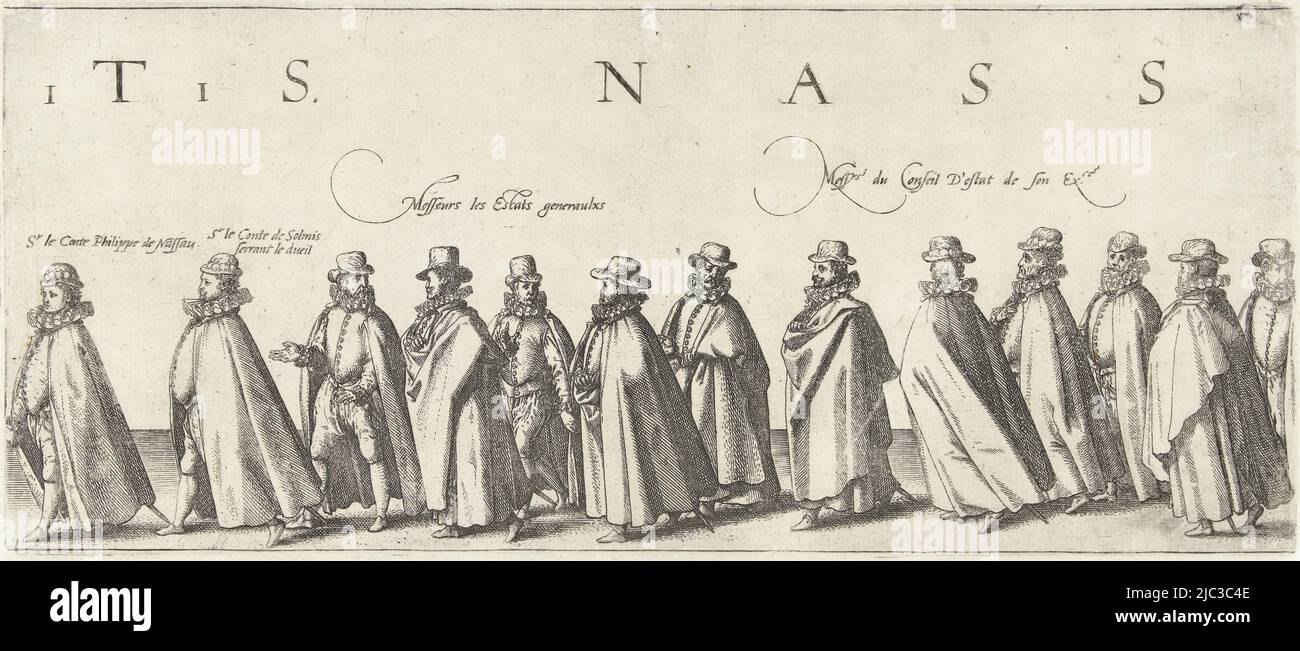 Stele funebre con i Signori Conte Filippo di Nassau, Conte Solm, membri degli Stati generali e del Consiglio di Stato. Foglio 11 nella processione funebre di Guglielmo d'Orange, Delft 3 agosto 1584., processione funebre di Guglielmo d'Orange, foglio 11 processione funebre di Guglielmo d'Orange, 3 agosto 1584 (titolo della serie) Haec Pompa funebris spettacolo fuit Batavorum Delphis, tertio die Augusta, Ao. 1584 (titolo della serie su oggetto), tipografo: Hendrick Goltzius, editore: Willem Janszoon Blaeu, tipografo: Haarlem, editore: Amsterdam, 1584 e/o 1584 - 1638, carta, incisione, incisione, h 158 Foto Stock