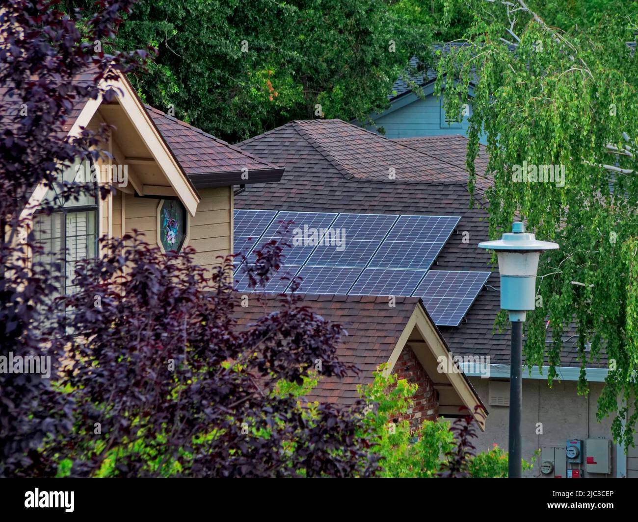Le case con pannelli solari causano i problemi dei fornitori di energia riducendo i loro profitti. Foto i Sacramento California mostra a casa con pannelli solari che alimentano l'elettricità nella rete. Le aziende di servizi pubblici vogliono addebitare ai proprietari di abitazione $50 USD tassa per dare loro l'elettricità. Il governatore della Florida veto un disegno di legge che la legislatura ha passato per impedire che i proprietari di abitazione ottengano pagati allo stesso tasso come sono fatturati per l'elettricità. Foto Stock
