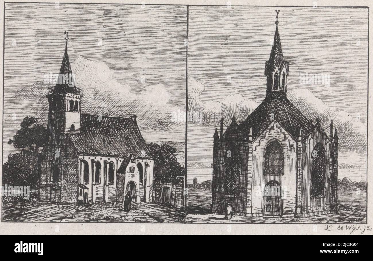 Sulla sinistra una chiesa circondata da alberi e all'ingresso una donna. A destra una chiesa a cupola, due chiese., tipografia: Kornelis Jzn de Wijs, (menzionato sull'oggetto), Paesi Bassi, 1842 - 1896, carta, incisione, h 67 mm x l 103 mm Foto Stock