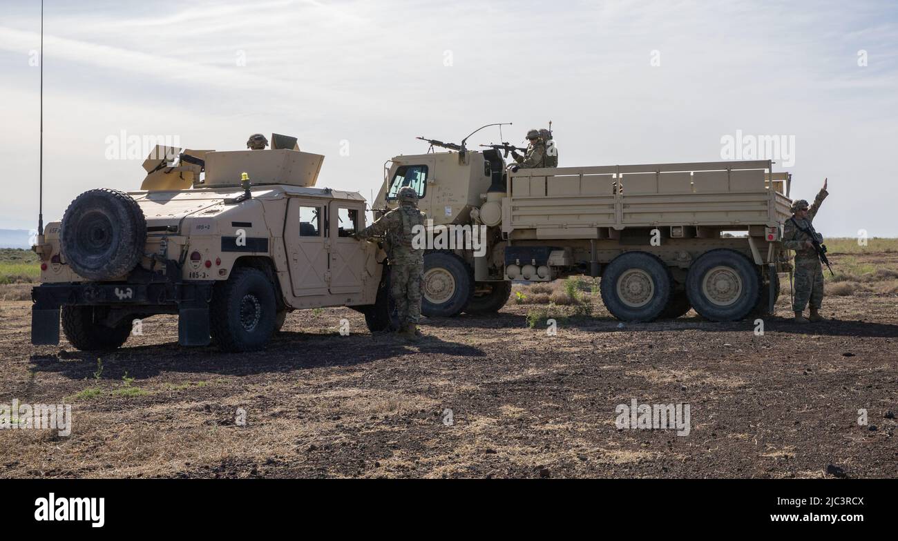 I soldati di artiglieria con 65th Brigate di artiglieria da campo, la Guardia Nazionale dello Utah, hanno allestito veicoli per proteggere durante il Western Strike 22 presso l'Orchard Combat Training Center, Idaho, 7 giugno 2022. Durante questo evento questi campi dovranno essere in guardia per le forze opposte che eseguiranno operazioni contro le unità nell'esercizio. Western Strike 22 è un esercizio di abilità di addestramento al combattimento esportabile condotto dalla FAB del 65th, che fornisce ai soldati della Guardia Nazionale un addestramento immerso simile a un centro di addestramento al combattimento e mira ad aumentare la prontezza e la letalità dell'unità partecipante. (STATI UNITI Esercito foto vicino Foto Stock