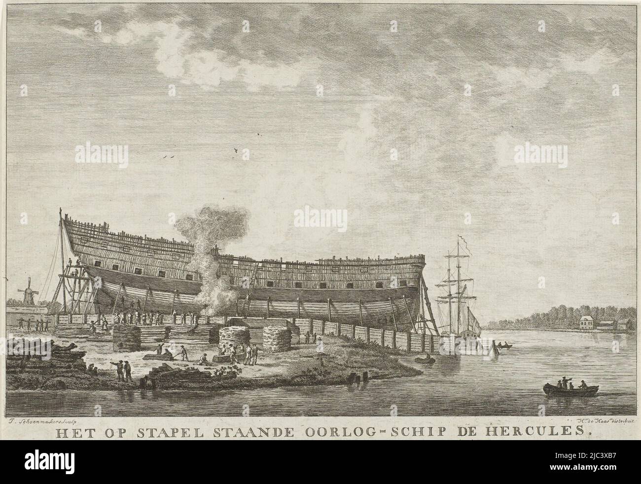 La nave ancora incompiuta della linea Hercules che si trova nel cantiere di Dordrecht, aprile 1782. La nave fu costruita nel periodo 1781-1782 dopo i disegni di costruzione navale di Pieter van Zwijndregt nel nuovo cantiere navale I. Spaan. Il lancio ha avuto luogo il 12 aprile 1782. Sul retro della stampa sono presenti alcuni scribble e schizzi. La stampa è accompagnata da un pendente, nave da guerra Hercules in costruzione, 1782 la nave da guerra Hercules in costruzione. Costruito dal falegname della nave I. Spaan. Sul nuovo molo fuori Dordrecht. MDCCLXXXII. (Titolo su oggetto), tipografo: Johannes Foto Stock