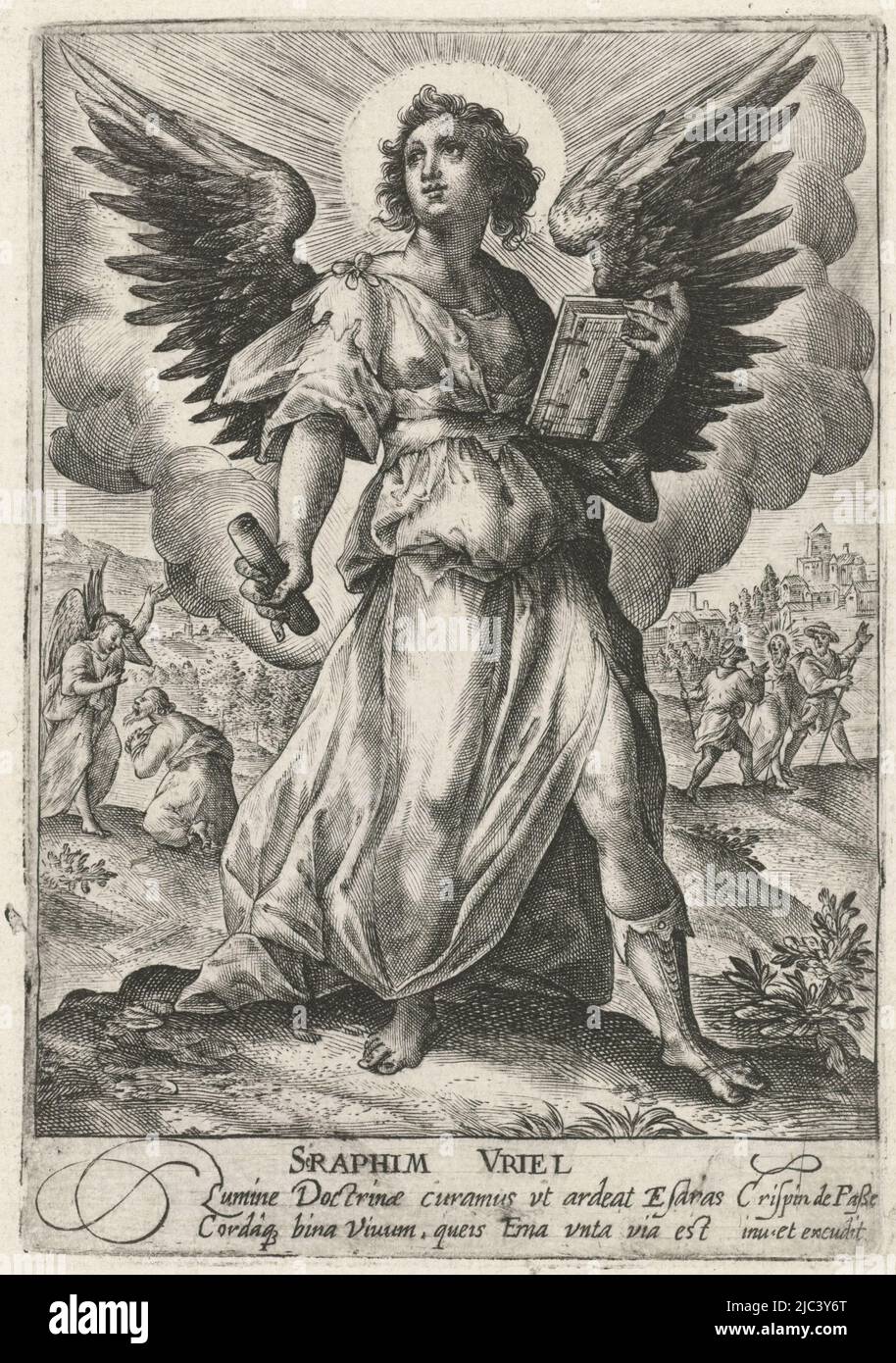 Arcangel Uriel si alza con un libro nella mano sinistra e un foglio di carta arrotolato nella mano destra. Sullo sfondo a sinistra, Uriel sta rimproverando il sacerdote Ezra. Sullo sfondo a destra, i due discepoli incontrano Cristo sulla via di Emmaus. Nel margine una didascalia a due righe in latino. Stampa da una serie di arcangeli, Archangel Uriel Sraphim Vriel (titolo sull'oggetto) Arcangeli (titolo della serie), Print maker: Crispijn van de Passe (i), Crispijn van de Passe (i), (menzionato sull'oggetto), editore: Crispijn van de Passe (i), (menzionato sull'oggetto), sconosciuto, 1574 - 1637, paper, paper, incisione Foto Stock