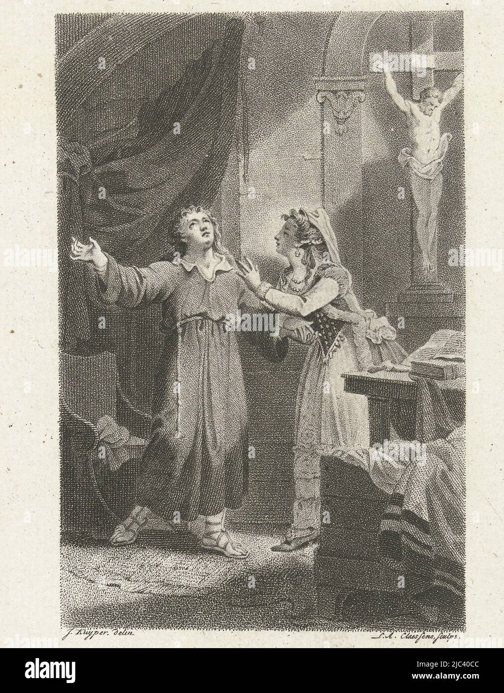 CZARINA Caterina la Grande visita il Principe Potemkin nella sua casa. Potemkin indossa l'abitudine di un monaco e sandali. L'interno assomiglia molto ad una chiesa. A destra, un grande crocifisso si trova in una nicchia., Catherine il Grande e Potemkin, tipografo: Lambertus Antonius Claessens, (menzionato sull'oggetto), disegnatore intermedio: Jacques Kuyper, (menzionato sull'oggetto), Amsterdam, 1800, carta, incisione, h 230 mm x l 130 mm Foto Stock