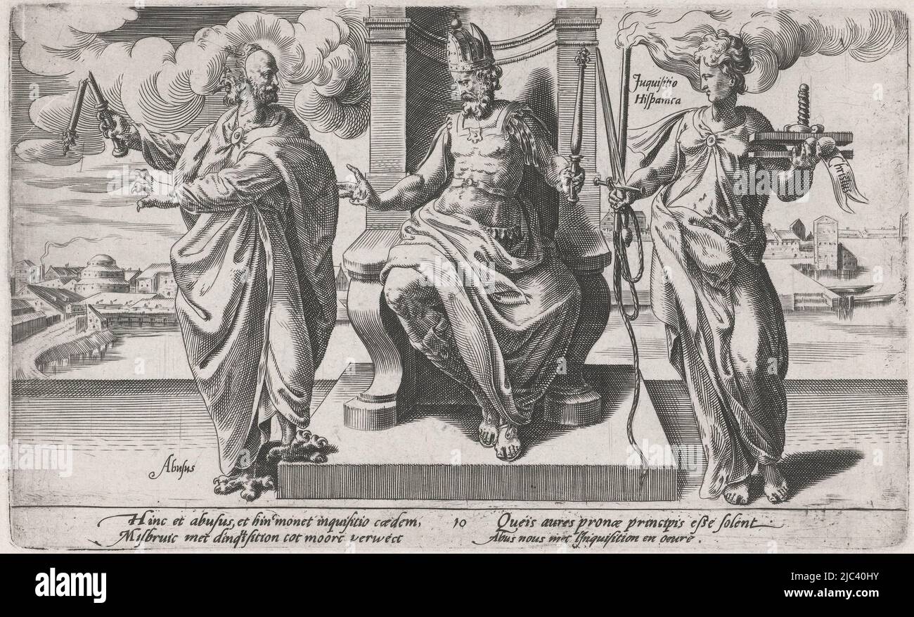 La personificazione dell'abuso (Abusus) e l'Inquisizione spagnola (Inquisitio Hispanica) tentano di influenzare le autorità secolari. Abusus cerca di nascondere la sua natura mostruosa attraverso una maschera e un mantello. Nella mano sinistra un bastone rotto, che simboleggia il potere rotto del monarca. L'Inquisizione spagnola porta una torcia ardente, una spada e una corda di fienate, strumenti di tortura e di esecuzione. Nella sua mano sinistra, appiattisce il cuore di Cristo con una pressa. La stampa ha una didascalia olandese, latina e francese ed è parte di una serie in dodici parti sul tema della degenerazione del clero cattolico e. Foto Stock La personificazione dell'abuso (Abusus) e l'Inquisizione spagnola (Inquisitio Hispanica) tentano di influenzare le autorità secolari. Abusus cerca di nascondere la sua natura mostruosa attraverso una maschera e un mantello. Nella mano sinistra un bastone rotto, che simboleggia il potere rotto del monarca. L'Inquisizione spagnola porta una torcia ardente, una spada e una corda di fienate, strumenti di tortura e di esecuzione. Nella sua mano sinistra, appiattisce il cuore di Cristo con una pressa. La stampa ha una didascalia olandese, latina e francese ed è parte di una serie in dodici parti sul tema della degenerazione del clero cattolico e. Foto Stock