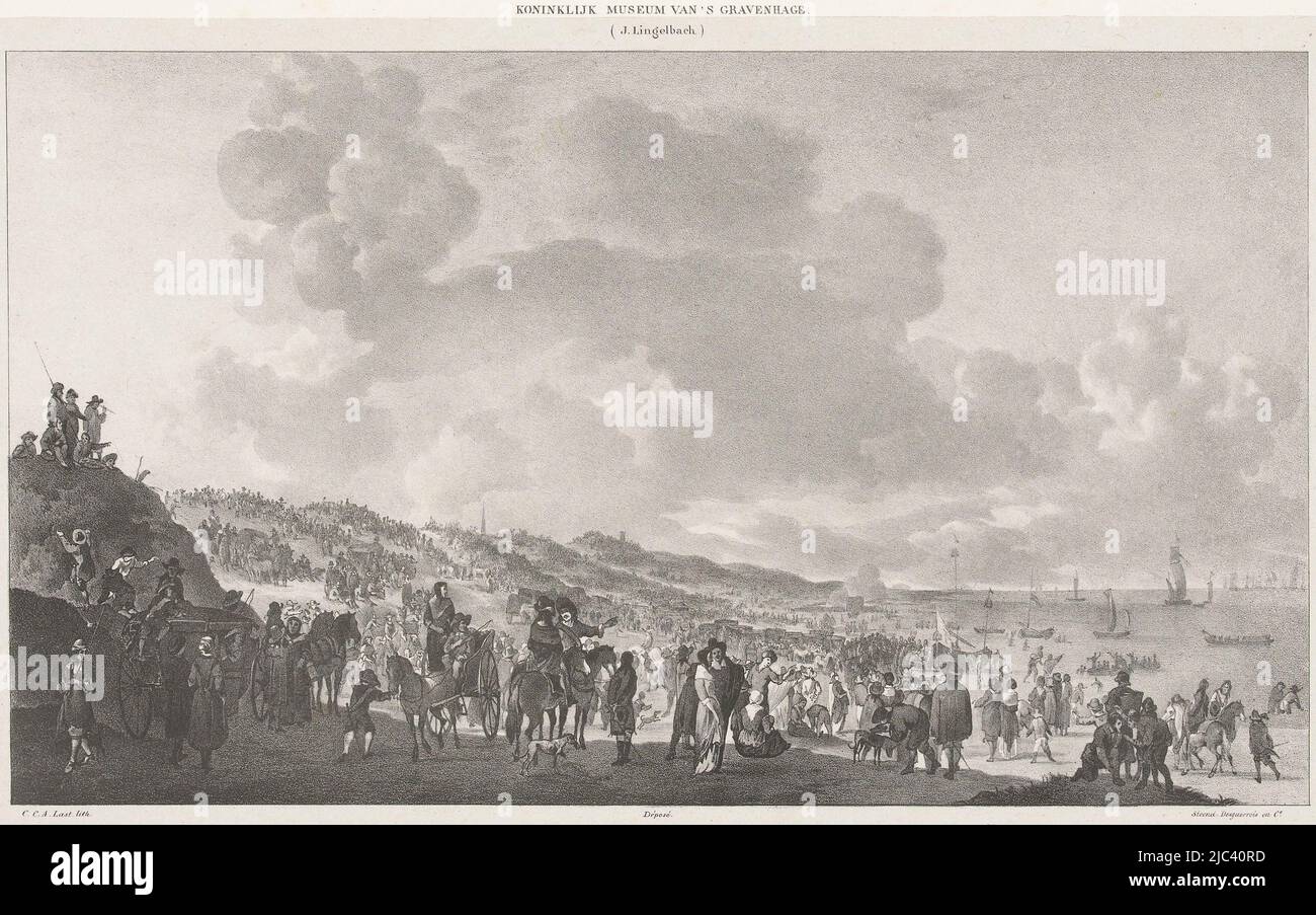 Partenza del re inglese Carlo II dalla spiaggia di Scheveningen in Inghilterra, 2 giugno 1660. Vista dalle dune della folla raccolta sulla spiaggia, partenza di Carlo II dalla spiaggia di Scheveningen in Inghilterra, 1660 partenza di Carlo den II / D, tipografo: CAREL Christiaan Antony Last, (menzionato sull'oggetto), dopo: Johannes Lingelbach, (menzionato sull'oggetto), stampante: Desguerrois & Co., (citato in oggetto), Paesi Bassi, 1818 - 1876, carta, a 377 mm x l 545 mm Foto Stock