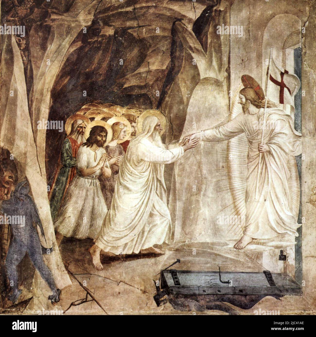 Prima della sua risurrezione dai morti, Gesù Cristo concede la salvezza alle anime con il fervore dell'Inferno. Affresco, di fra Angelico, c.. 1430s Foto Stock