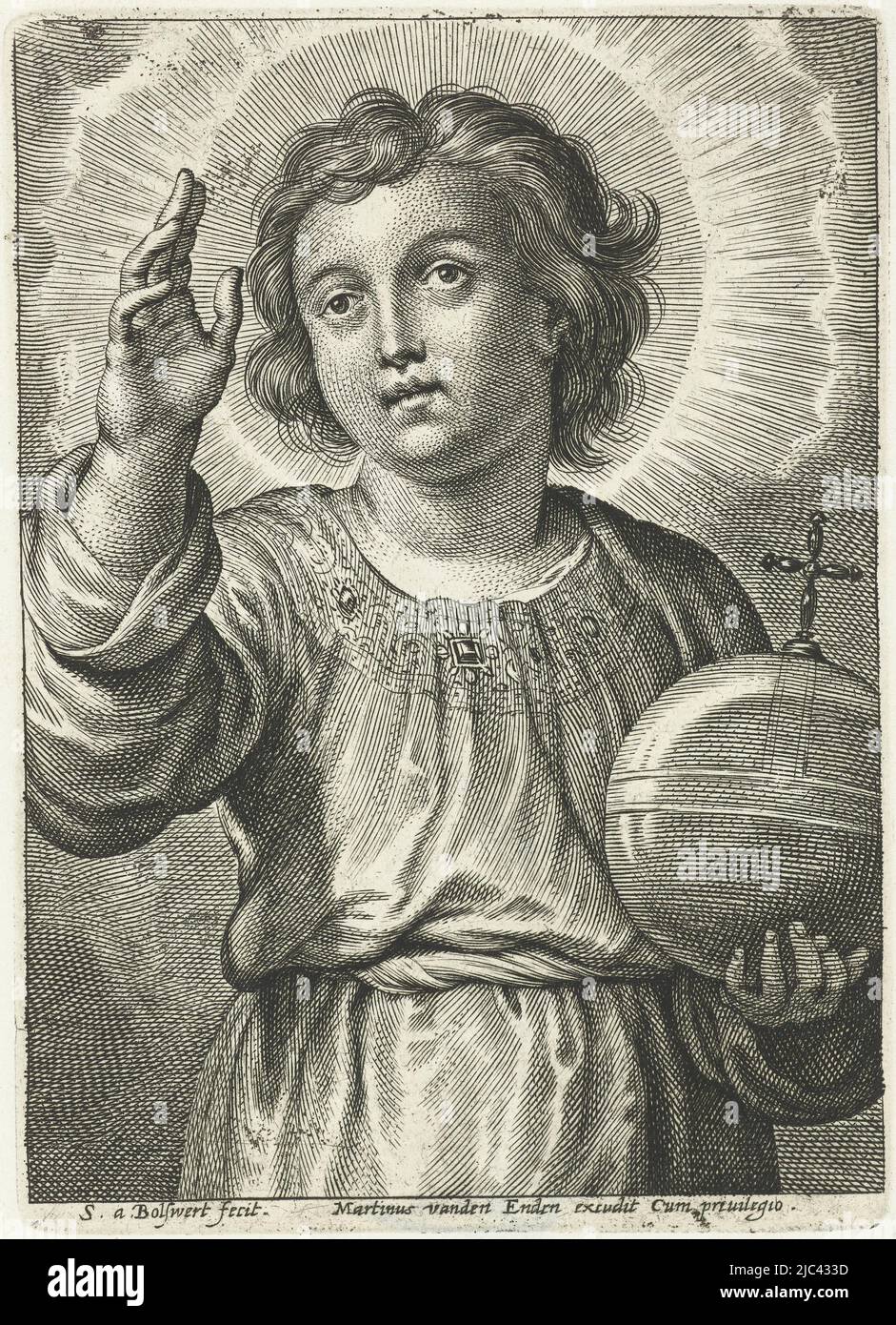 Cristo Bambino con la mela di Reich in mano fa gesto di benedizione, Cristo come Salvatore Mundi V, stampatore: Schelte Adamsz. Bolswert, (menzionato sull'oggetto), Peter Paul Rubens, editore: Martinus van den Enden, (menzionato sull'oggetto), 1596 - 1659, carta, incisione, a 128 mm x l 91 mm Foto Stock