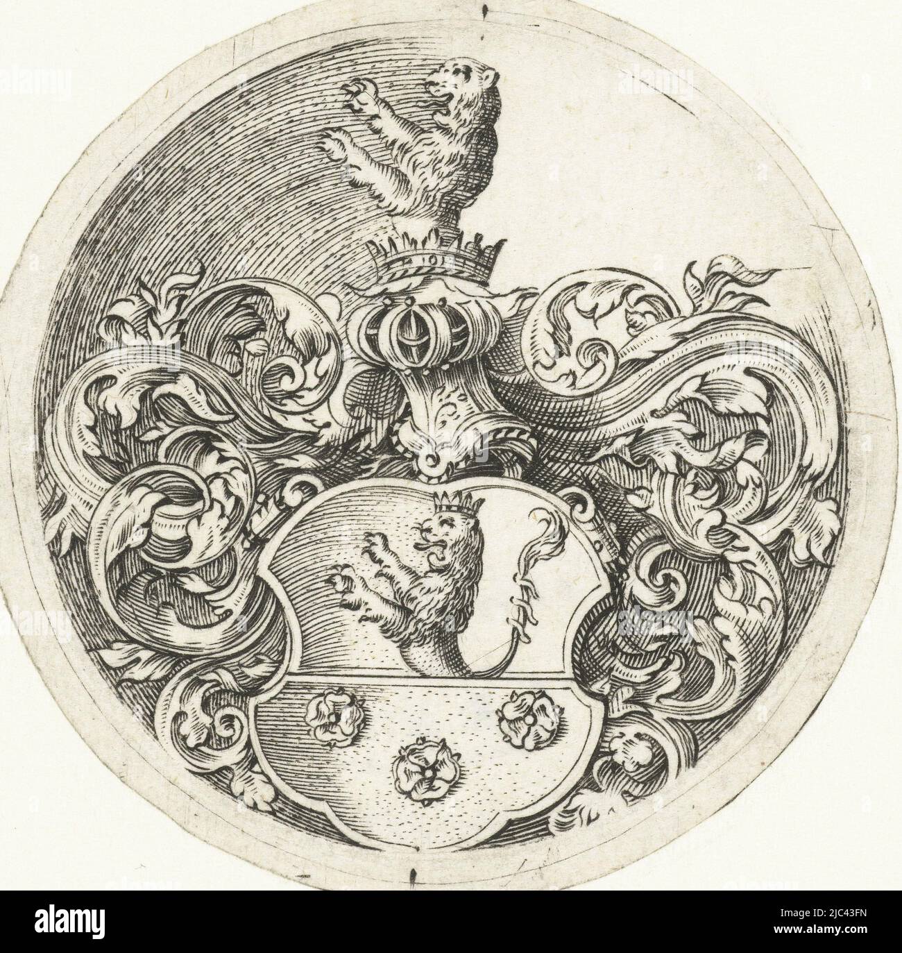 Stemma con un Leone e tre rose, Michiel le Blon, (attribuito a), tipografo: anonimo, editore: anonimo, 1597 - 1656, carta, incisione, d 63 mm Foto Stock