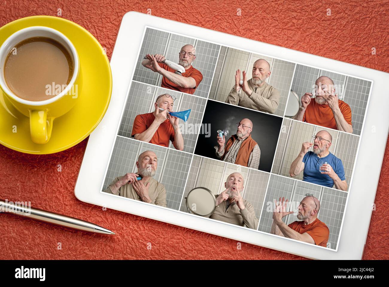 rivedere una serie di ritratti in studio su un tablet digitale che presenta lo stesso modello maschile con una varietà di puntini, grooming, salute e cura di sé t Foto Stock