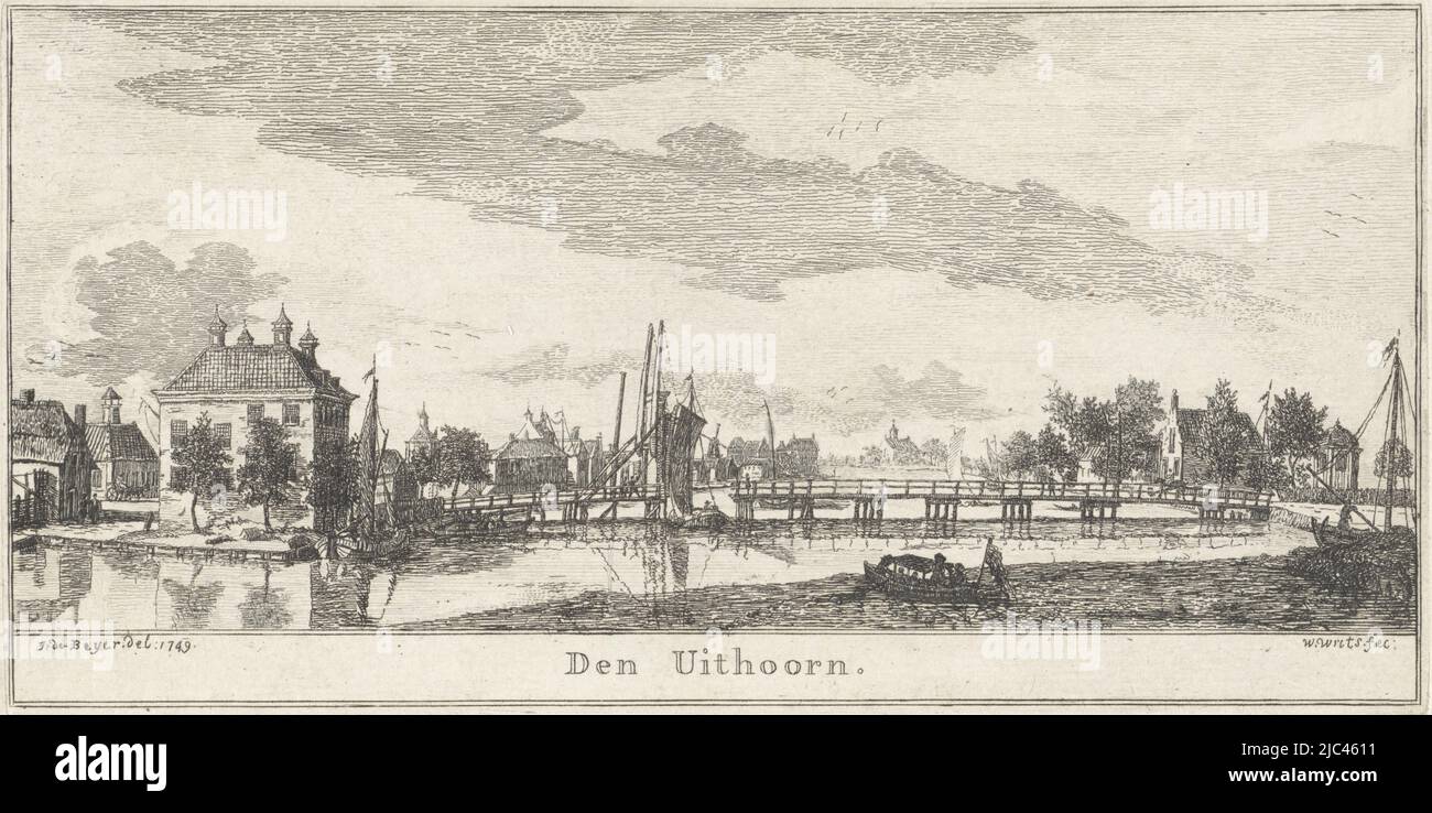 Vista del villaggio di Uithoorn Den Uithoorn. (Titolo sull'oggetto), tipografo: Willem writs, (menzionato sull'oggetto), disegnatore intermediario: Jan de Beijer, (menzionato sull'oggetto), 1749, carta, incisione, a 97 mm x l 195 mm Foto Stock