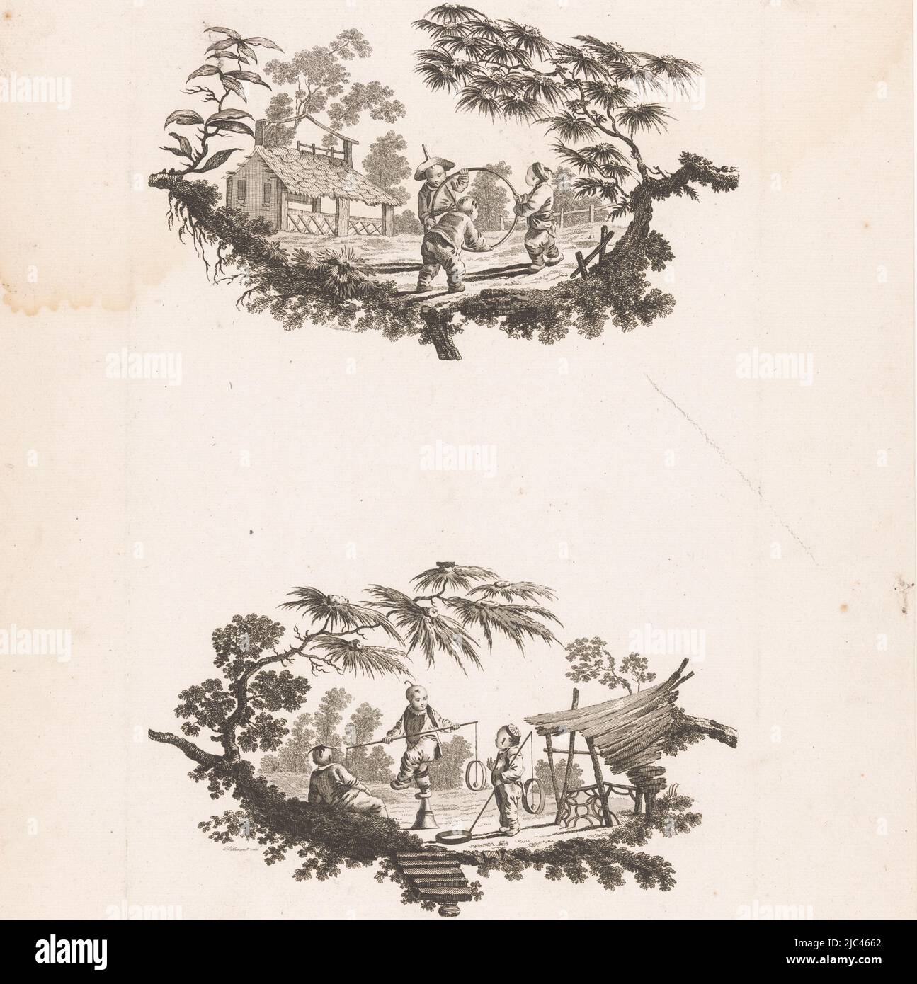Top: Tre bambini cinesi che giocano con un cerchio. Sotto: Un bambino cinese si bilancia su una pedina con un bastone nelle sue mani. Due bambini guardano sopra. Circondando entrambe le rappresentazioni è una cornice con alberi e arbusti, Bambini con cerchio e bilanciamento con bastone Recueil de Plusieurs Jeux d'Enfants Chinois (titolo della serie), tipografo: Pierre Charles Canot, Jean Baptiste Pillement, (menzionato sull'oggetto), editore: Charles Leviez, editore: Parigi, Editore: Londra, 26-dic-1759, carta, incisione, h 425 mm x l 274 mm Foto Stock