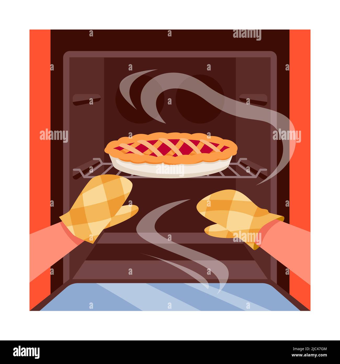Mani in guanti ignifughi aprire porta forno, torta dolce con fumo all'interno di attrezzature da cucina Illustrazione Vettoriale
