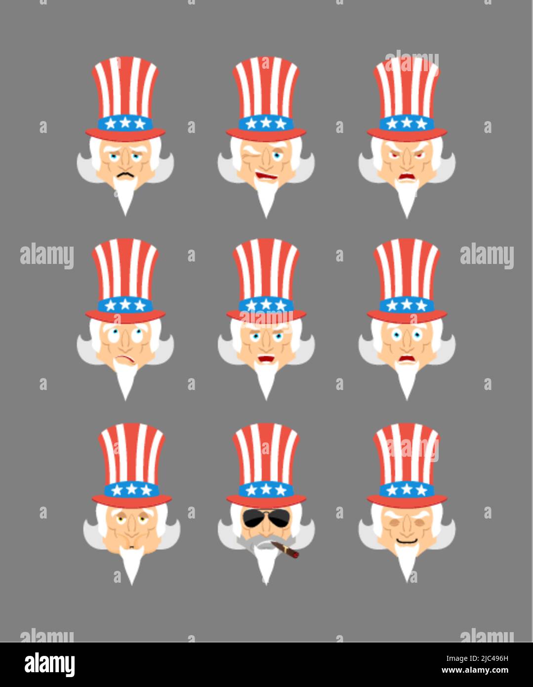 Zio Sam ha ambientato l'avatar emoji, volto triste e arrabbiato, colpevole e addormentato. Uomo che dorme il viso emozionale. Illustrazione Vettoriale