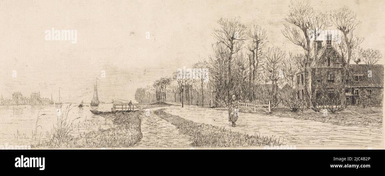 Case lungo il fiume Amstel. Una donna cammina sulla strada., Case sul fiume Amstel, tipografia: Elias Stark, Nieuwer-Amstel, Mar-1887, carta, incisione, a 167 mm x l 334 mm Foto Stock