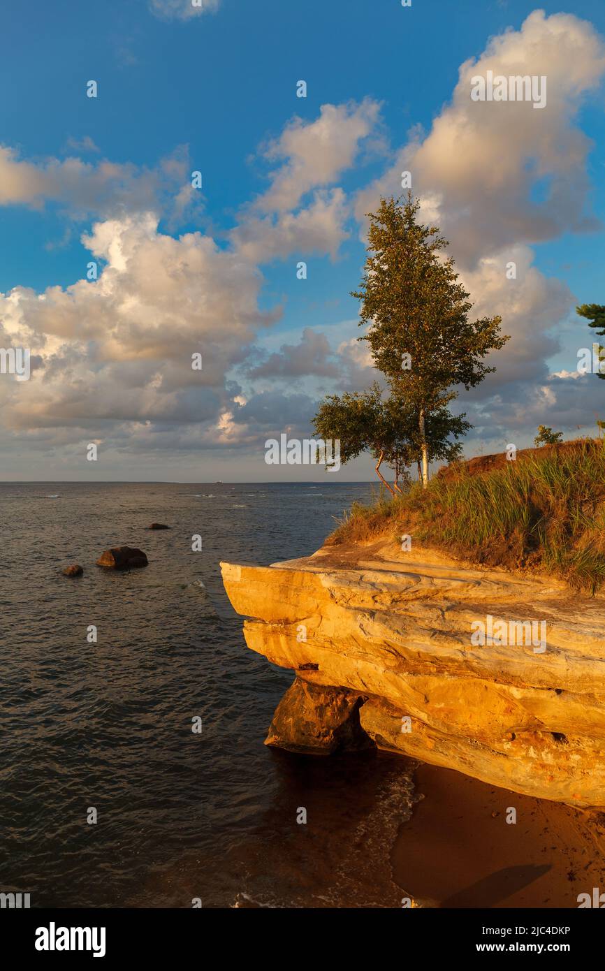 Vista panoramica color tramonto sulla tranquilla baia del mare e l'alta scogliera sono composte da arenaria e strati di pietra calcarea. Estonia, Mar Baltico. Foto Stock