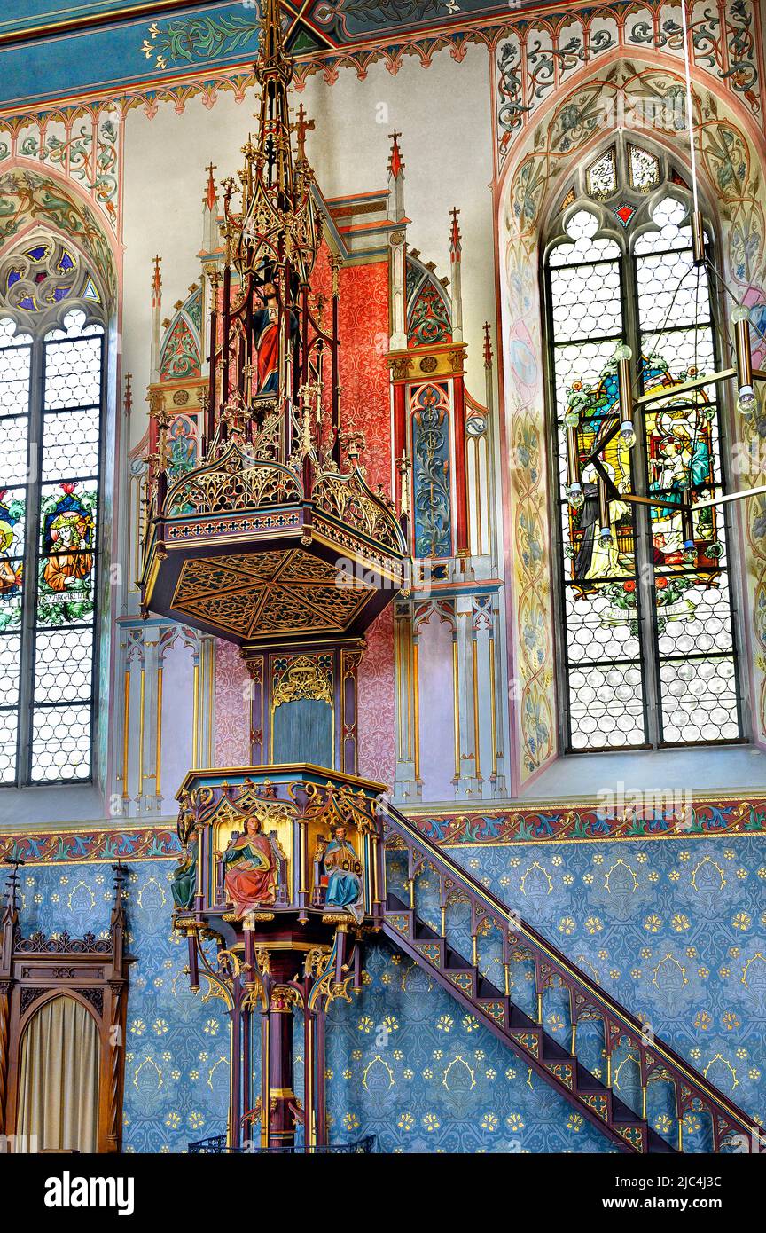 Il pulpito, San Pelagio, chiesa neogotica, Weitnau, Allgaeu, Baviera, Germania Foto Stock