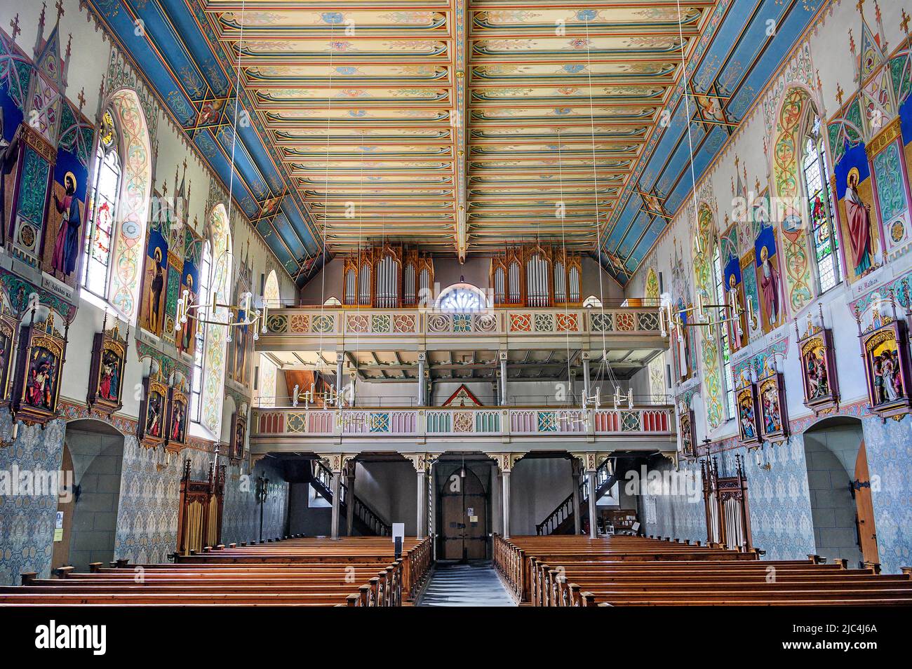 Loft organo, San Pelagio, chiesa neogotica, Weitnau, Allgaeu, Baviera, Germania Foto Stock