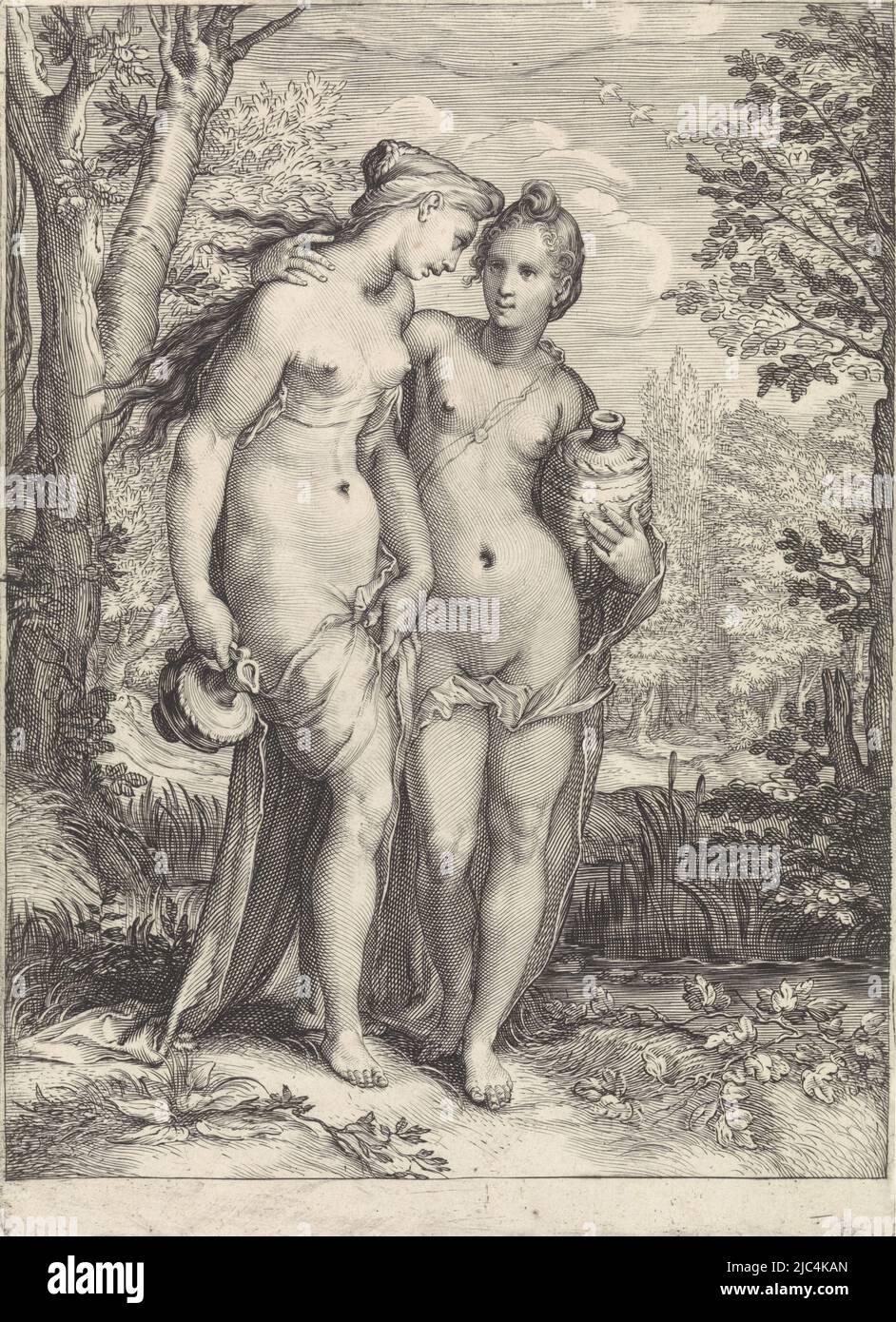 Due ninfe dalla retinue di Diana. Tengono i brocche di acqua e si abbracciano a vicenda. La stampa fa parte di una serie in tre parti di Diana., due delle ninfe di Diana che tengono giughe d'acqua Diana e le sue ninfe (titolo della serie), stampatore: Jan Saenredam, Hendrick Goltzius, Assendelft, 1616, carta, incisione, a 216 mm x l 159 mm Foto Stock