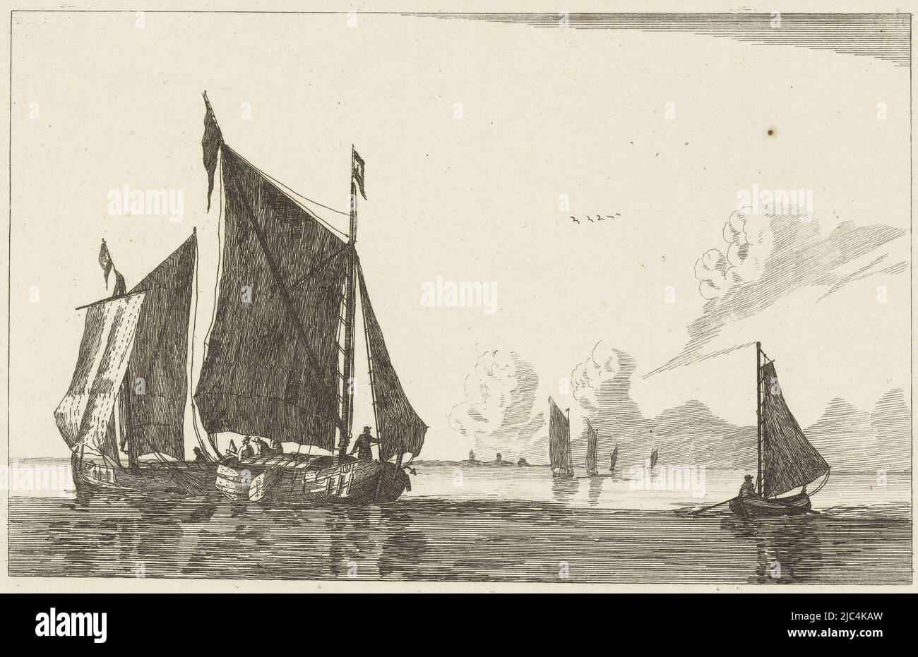 Due navi a vela e una piccola barca a remi con vela, in acque calme. Molte altre imbarcazioni a vela in lontananza. Copia in immagine speculare, tre navi a vela in calmo acqua Huit différentes Marines (titolo della serie) otto marine (titolo della serie), creatore di stampa: anonimo, Reinier Nooms, editore: Chéreau, (possibilmente), Parigi, 1700 - 1799, carta, incisione, h 145 mm x l 210 mm Foto Stock