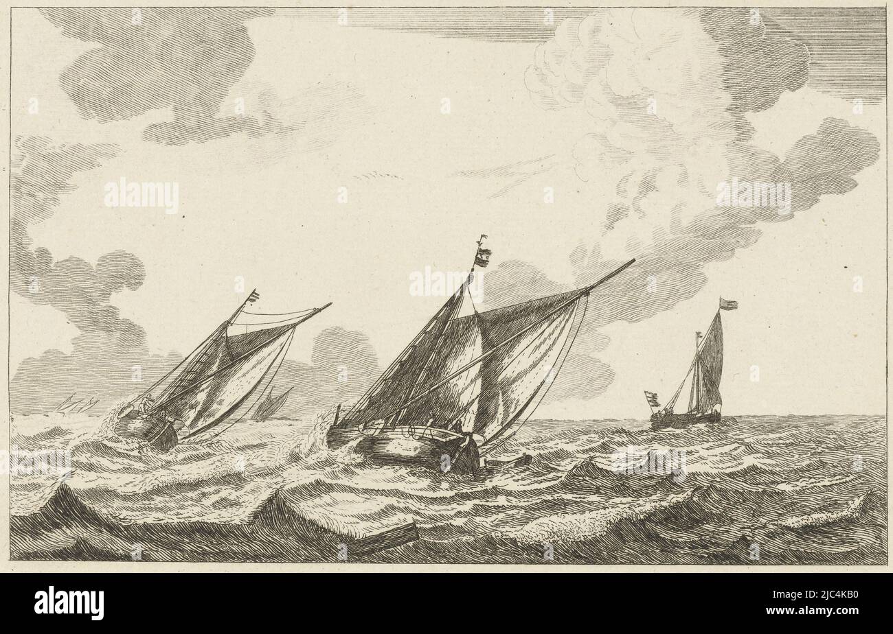 Tre navi a vela, due delle quali inclinate al vento, su un mare accidentato. Altre tre navi in lontananza. Copia in immagine speculare, tre navi a vela su un mare accidentato Huit différentes Marines (titolo della serie) otto marine (titolo della serie), tipografo: anonymous, Reinier Nooms, editore: Chéreau, (possibilmente), Parigi, 1700 - 1799, carta, incisione, h 145 mm x l 210 mm Foto Stock