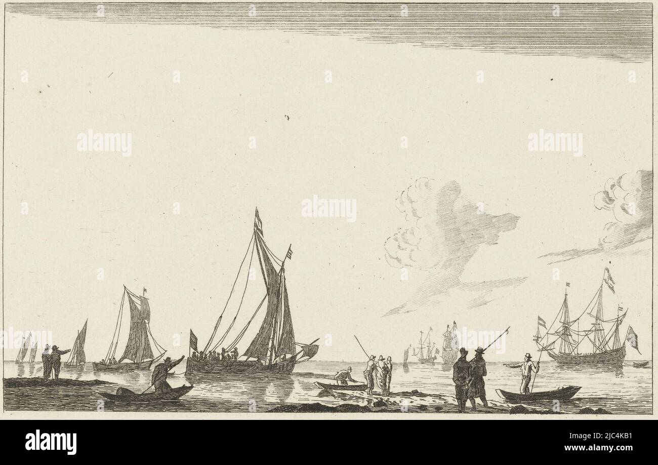 Grande via navigabile interna con un certo numero di navi a vela, sulla sinistra una nave mercantile. In primo piano un certo numero di persone in piedi sulla banca e tre piccole barche. Copia in immagine speculare, acqua interna con diverse navi a vela Huit différentes Marines (titolo della serie) otto marine (titolo della serie), tipografo: anonymous, Reinier Nooms, editore: Chéreau, (possibilmente), Parigi, 1700 - 1799, carta, incisione, h 146 mm x l 209 mm Foto Stock