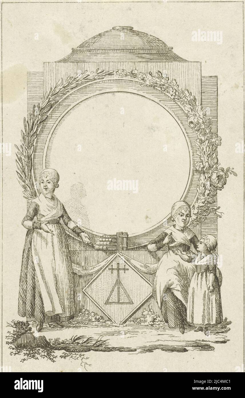 Vignetta che mostra due donne e una ragazza vicino ad un medaglione su una stalla pied. Il medaglione è circondato da una corona di alloro, rami di quercia e un cespuglio di rose ed è adatto per scrivere. Al centro del piedistallo c'è una pila di libri., Vignette con donne e bambina al medaglione, tipografo: Rienk Jelgerhuis, Noord-Nederland, 1744 - 1806, carta, incisione, incisione, a 159 mm x l 100 mm Foto Stock
