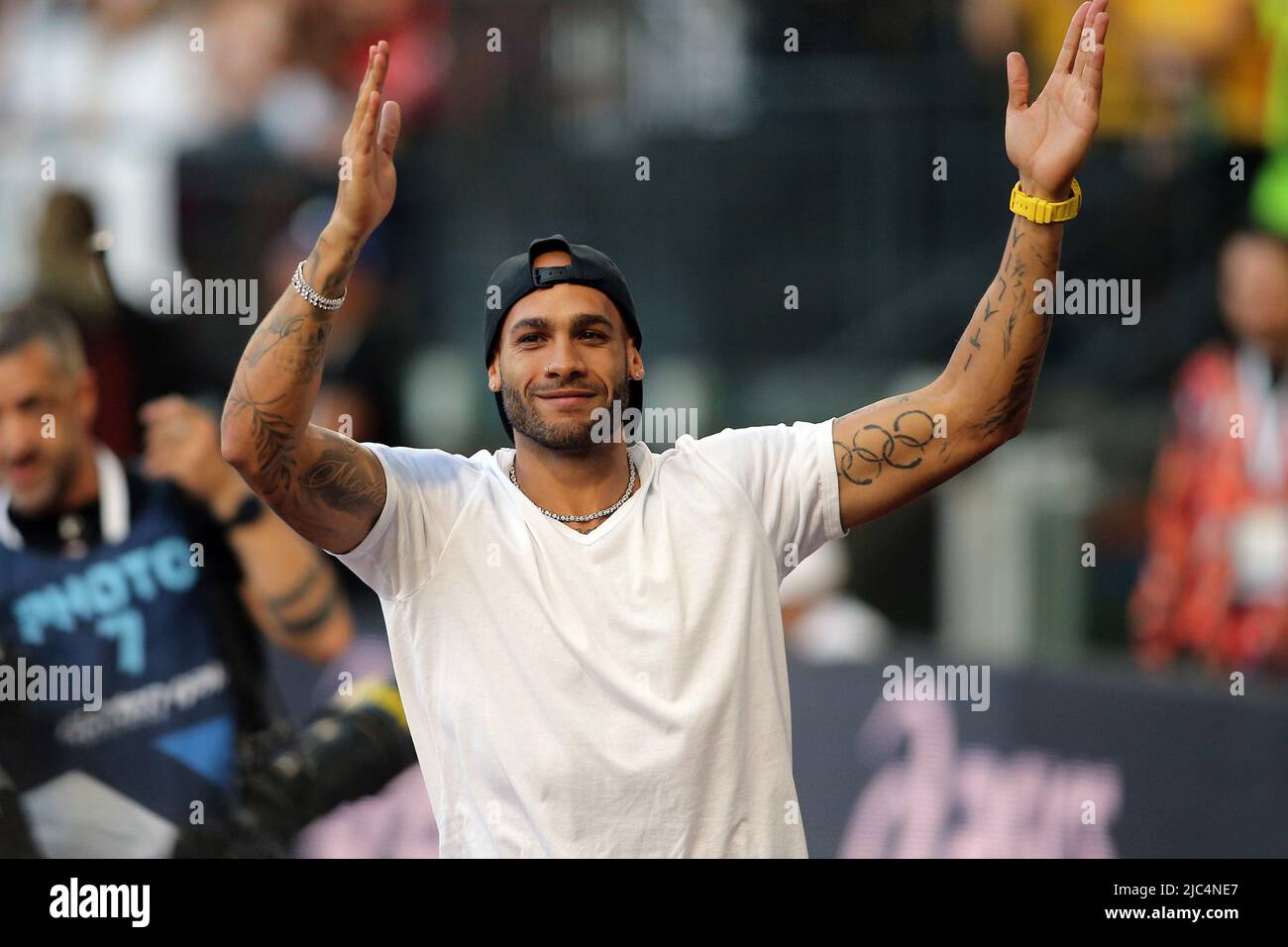 Roma, Italia. 10th giugno 2022. ROMA, Italia - 09.06.2022: MARCELL JACOBS (ITA) nella IAAF Wanda Diamond League - Golden Gala meeting 2022 allo Stadio Olimpico di Roma. Credit: Independent Photo Agency/Alamy Live News Foto Stock