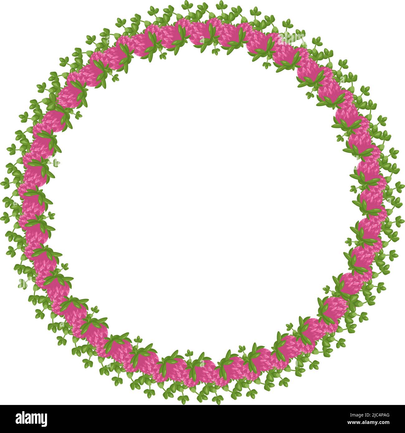 Corona di fiori rosa trifoglio. Telaio rotondo, pianta luminosa carina con foglie di shamrock. Decorazioni natalizie per matrimoni, feste, cartoline, poster e design. Illustrazione piatta vettoriale Illustrazione Vettoriale