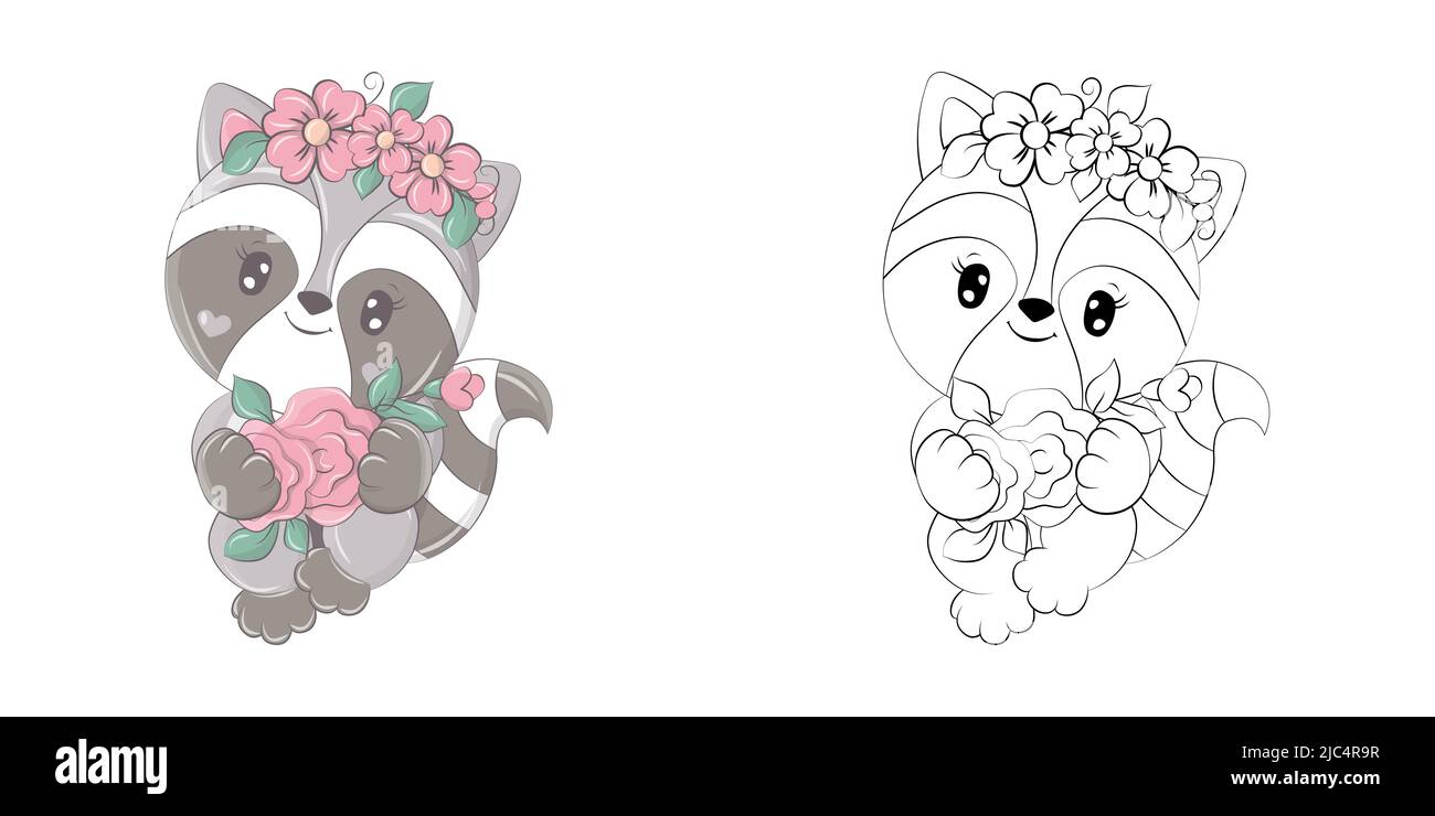 Carino Raccoon Clipart Illustrazione e Bianco e Nero. Divertente clip Art Raccoon con un fiore Wreath sulla sua testa. Illustrazione vettoriale di un animale per Illustrazione Vettoriale