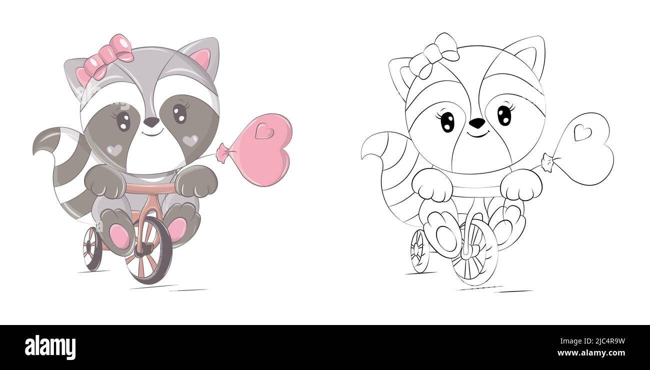 Raccoon Clipart multicolore e Bianco e Nero. Bella clip Art Raccoon su una bicicletta con una mongolfiera. Illustrazione vettoriale di un animale per stampe per Illustrazione Vettoriale