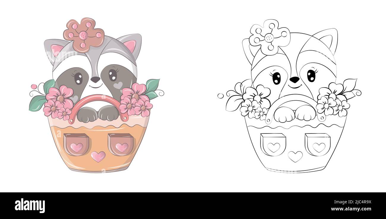 Cute Raccoon Clipart per colorare pagina e illustrazione. Happy clip Art Raccoon si siede in un cestino di fiori. Illustrazione vettoriale di un animale per Illustrazione Vettoriale