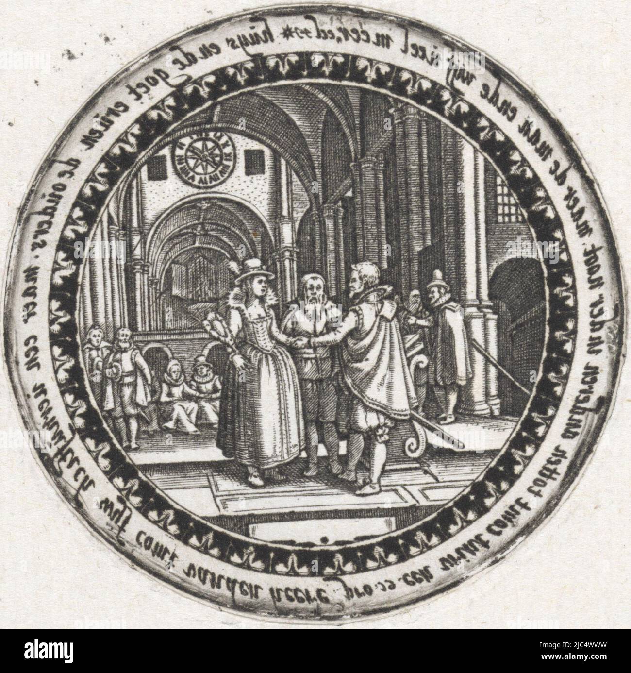 Stampa di un medaglione. In una chiesa, un uomo e una donna sono uniti in matrimonio da un ministro. Un certo numero di persone stanno cercando. Nel bordo si iscrive un versetto biblico da SPR. 19:14 e un versetto biblico da Ecclesiaste 4:7-12., Stampa di un medaglione raffigurante una cerimonia nuziale in una chiesa, stampa: Dirck Strijcker, Amsterdam, 1607 - 1677, carta, incisione, d 63 mm Foto Stock