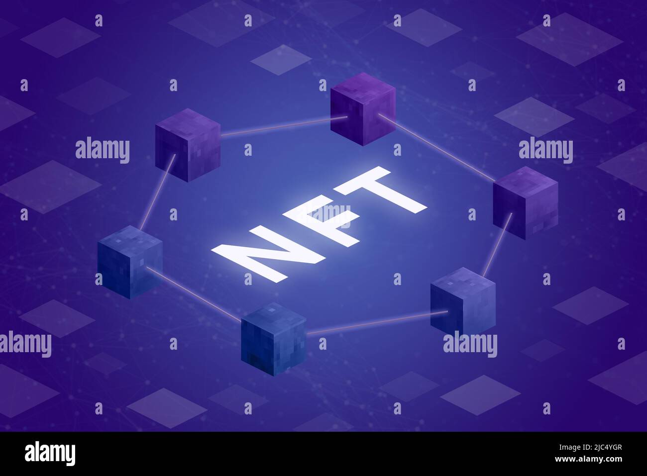 NFT con blocchi blockchain in posizione esagonale isometrica con nodi griglia e quadrati sullo sfondo che rappresentano l'esecuzione delle transazioni co Foto Stock