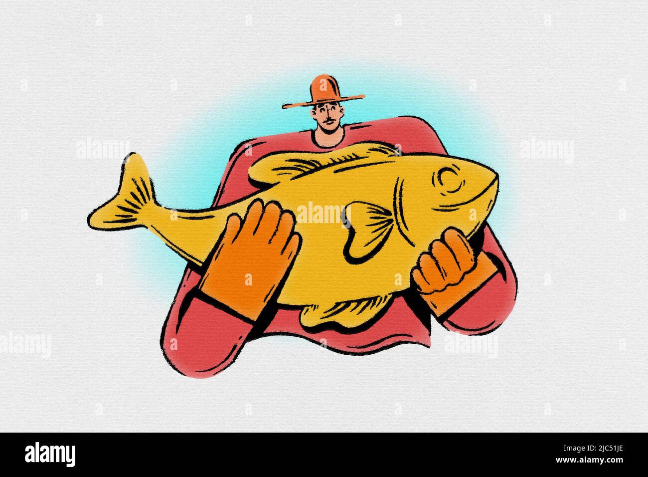 Felice personaggio pescatore tiene un grande pesce d'oro cartoon clipart e illustrazione Foto Stock