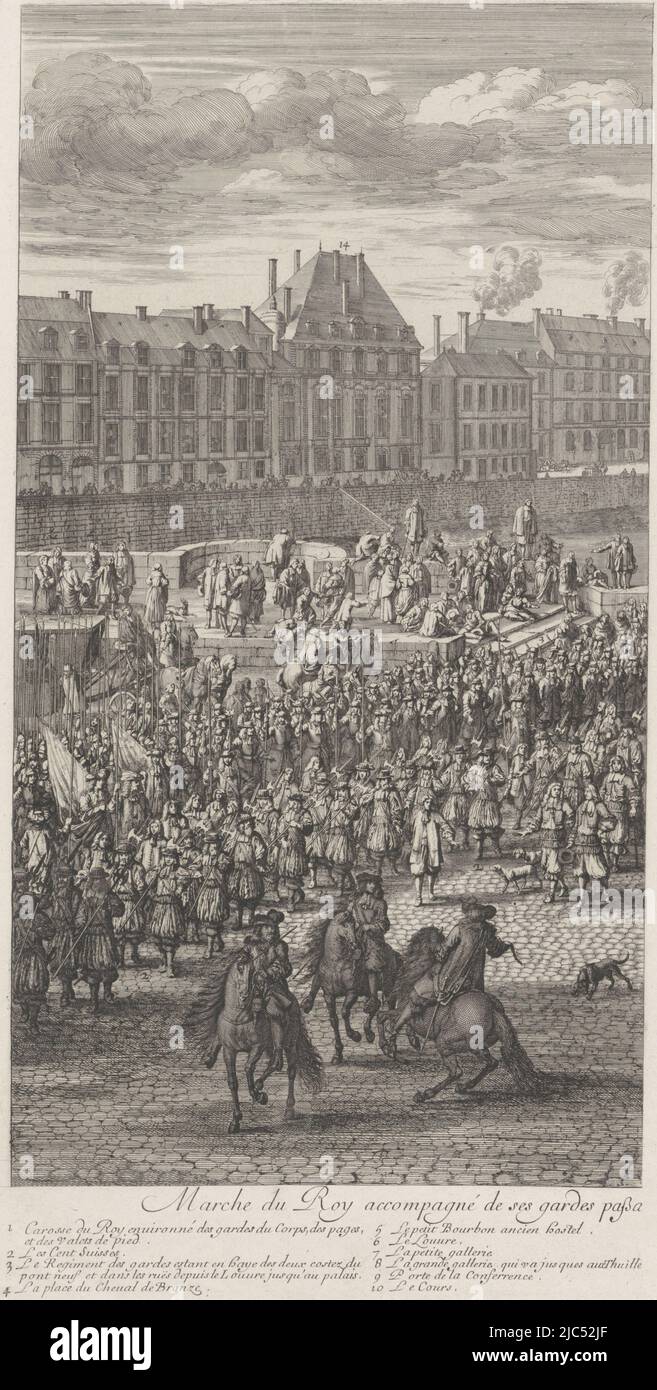 La guardia di Luigi XIV, re di Francia come avanguardia della processione reale a Pont-Neuf a Parigi. Sotto nella parte di margine della leggenda in francese e latino., fronte della processione del re Luigi XIV di Francia e il suo entourage sul Pont-Neuf Marche du Roy accompagné de ses gardes (...) , Tipografo: Jan van Huchtenburg, dopo: Adam Frans van der Meulen, Parigi, 1667 - 1669, carta, incisione, incisione, a 515 mm x l 269 mm Foto Stock